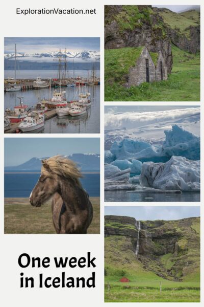 Sites in Iceland with text: "One week Iceland itinerary - ExplorationVacation.net."