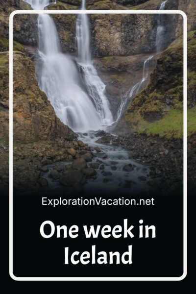 A waterfall with text: "One week Iceland Itinerary - ExplorationVacation.net."