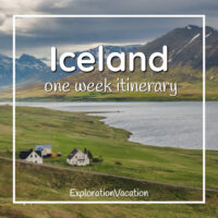 picture of farm by a lake with text "Itinerary for a great week in Iceland"