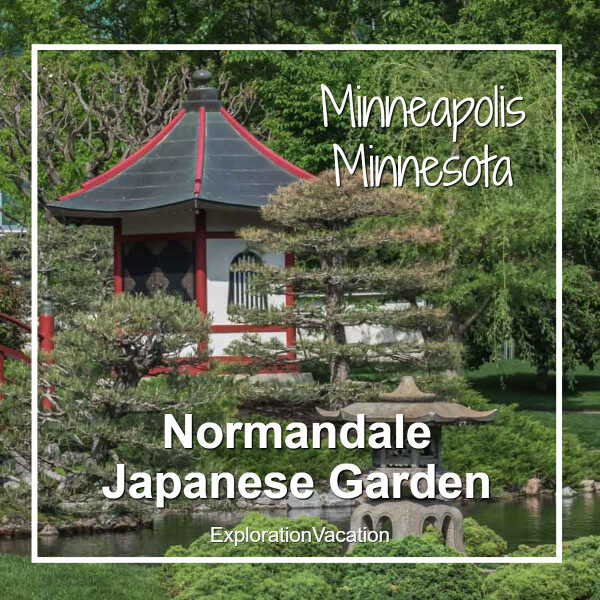Japanese garden with text "Normandale Japanese Garden Minneapolis Minnesota"
