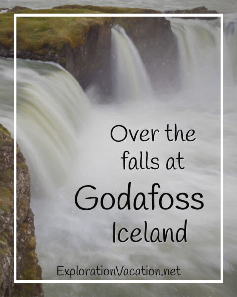 waterfall with text "Over the falls at Godafoss Iceland"