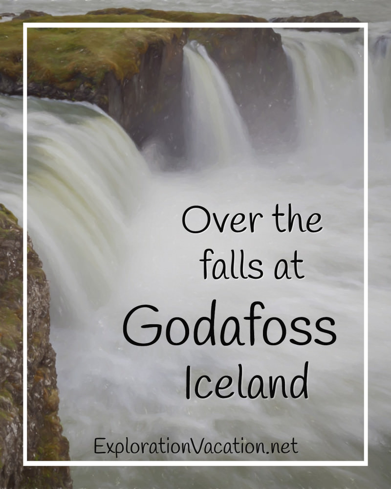 waterfall with text "Over the falls at Godafoss Iceland"