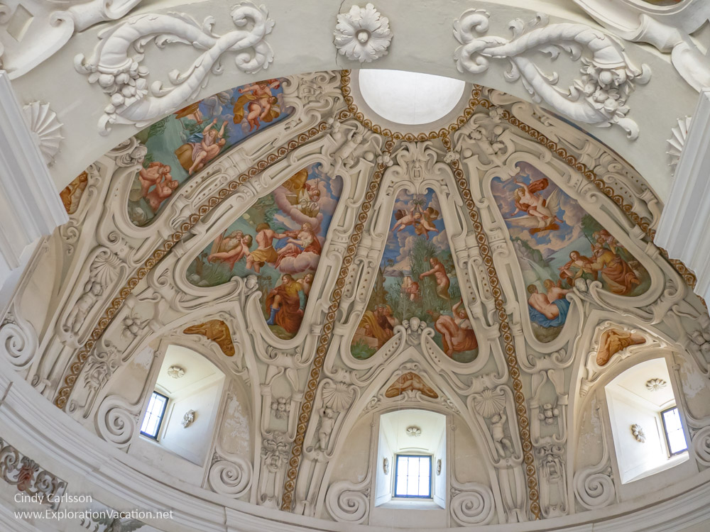 Elaborately sculpted and painted ceilings in the Kromeriz Pleasure Garden Rotunda