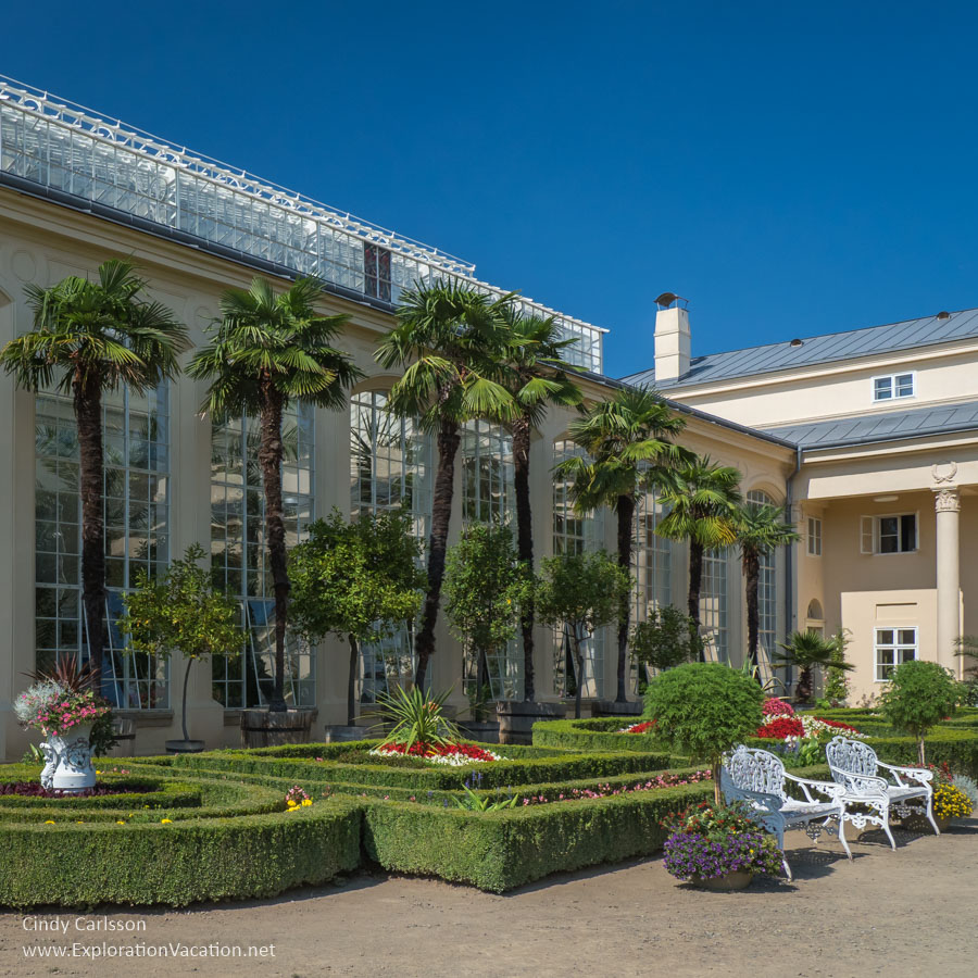 Historic greenhouse with palm trees at Kromeriz Flower Garden