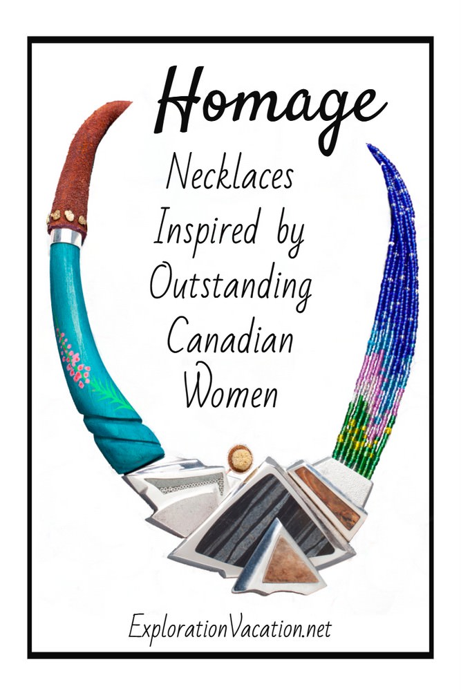 Pin featuring a necklace with stone, metals, beads, and other materials that reflect the Yukon landscape