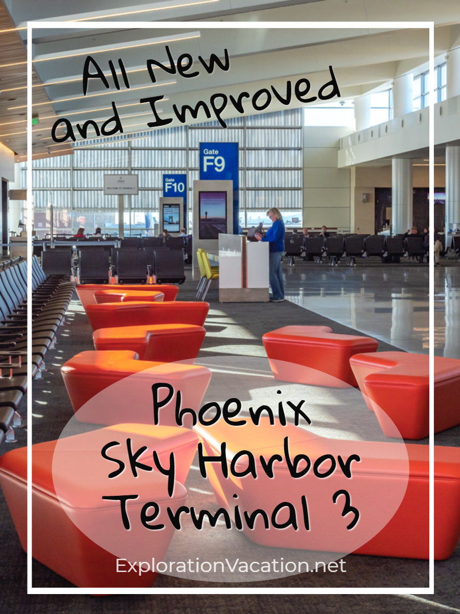 seating area with text "new and improved: Phoenix Sky Harbor Terminal 3"