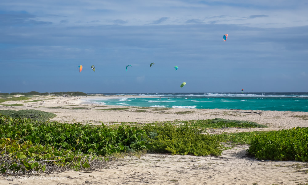 broad sandy beach with colorful kites above the sea