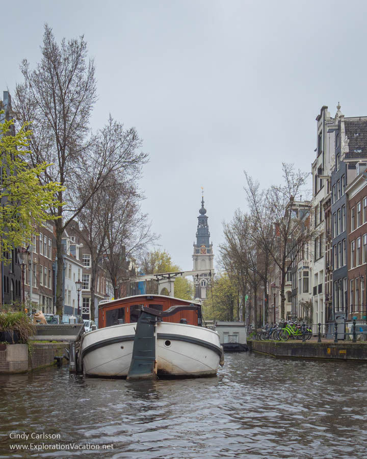 Photo of a boat on a canal in Amsterdam. (Photo &copy; Cindy Carlsson at ExplorationVacation.net)