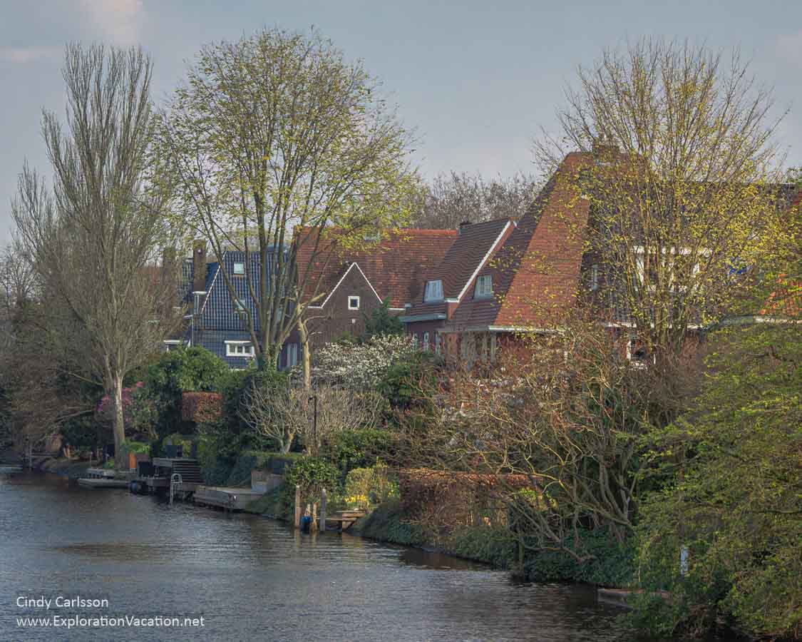 Photo of a canal-side residential area in Amsterdam. (Photo &copy; Cindy Carlsson at ExplorationVacation.net)