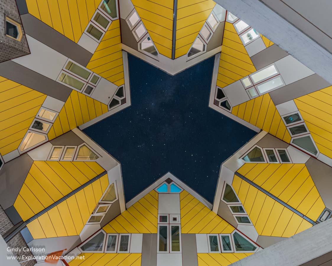 Photo looking up from a courtyard at the cube houses designed by Piet Blom in Rotterdam. (Photo &copy; Cindy Carlsson at ExplorationVacation.net)