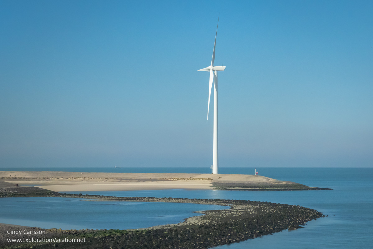 Photo of a wind tower along the sea in the Netherlands. (Photo &copy; Cindy Carlsson at ExplorationVacation.net)