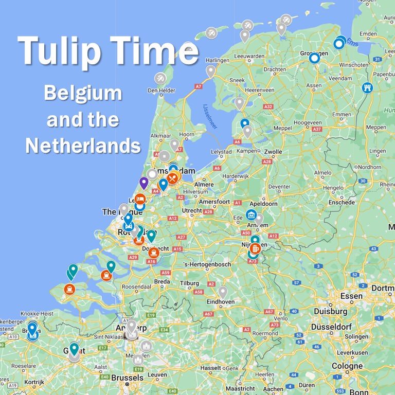 Map showing locations visited as part of a Tulip Time cruise with Gate 1 in the Netherlands and Belgium - Cindy Carlsson ExplorationVacation.net
