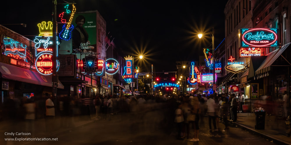night view of neon along Beale Street 