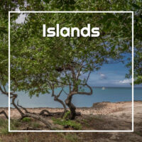 Islands text with beach and trees