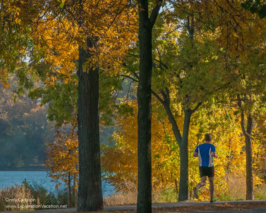 runner framed by golden trees with lake visible to the side 