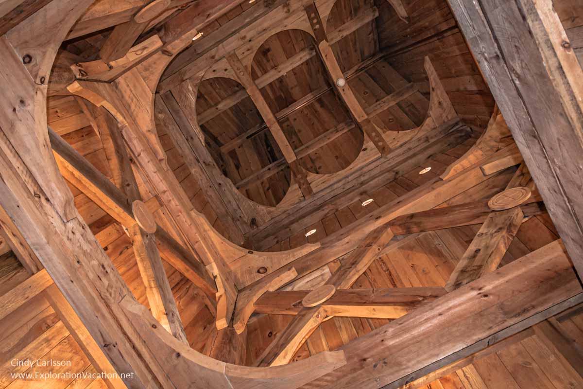 view up into roof showing supporting beams