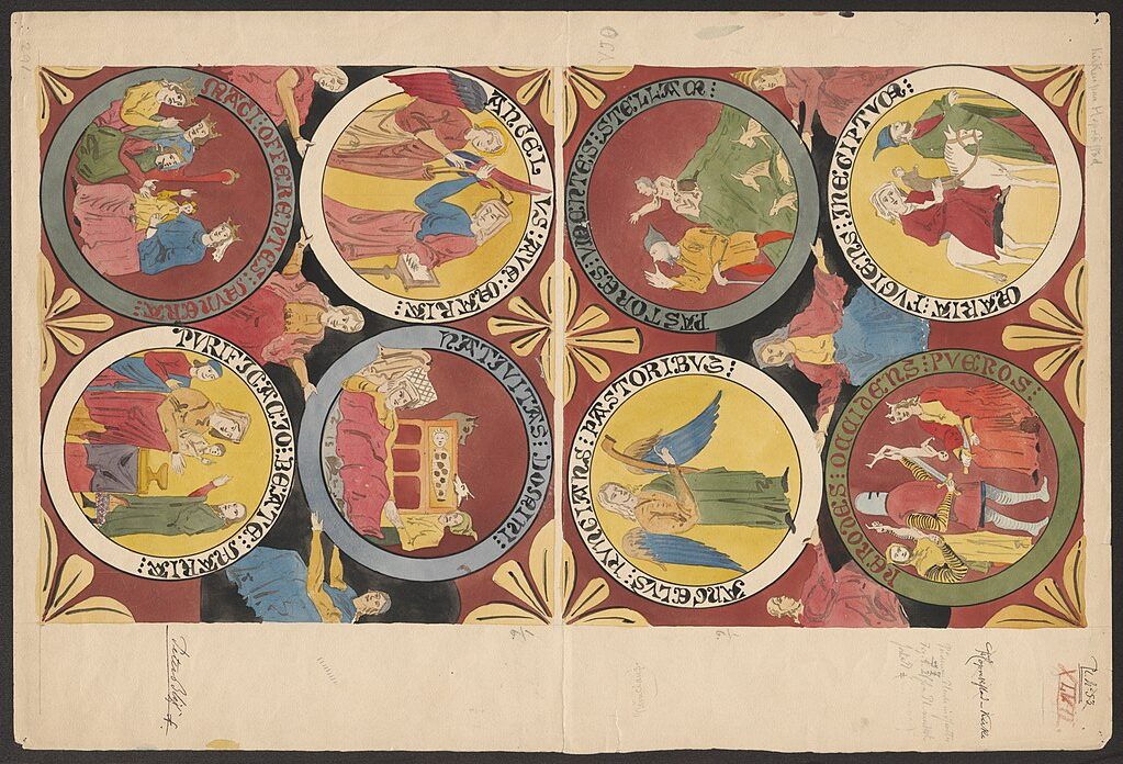 Illustration of historical painted religious scenes.