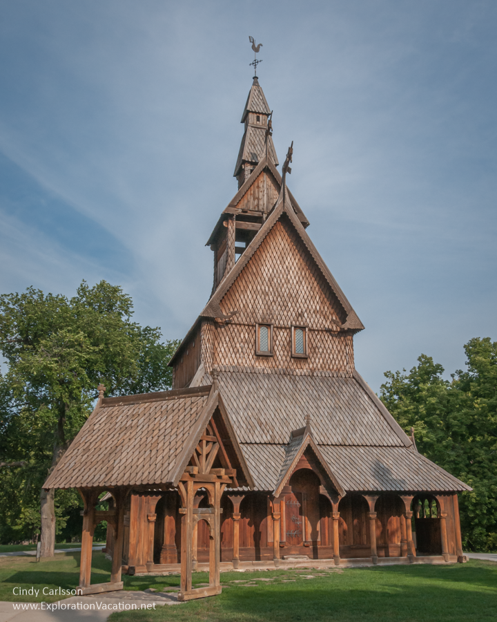 exterior of stave church on a sunny day