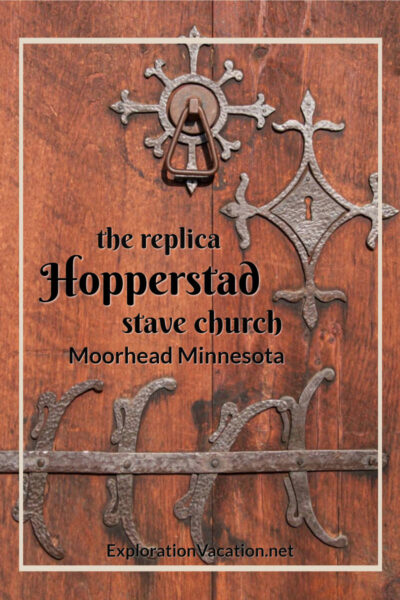 stave church door with text "the replica Hopperstad stave church"