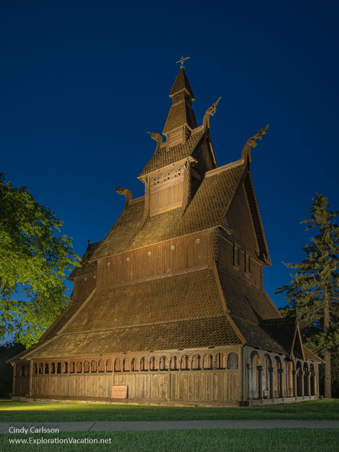 Side of the replica Hopperstad stave church in Moorhead with evening lighting. 