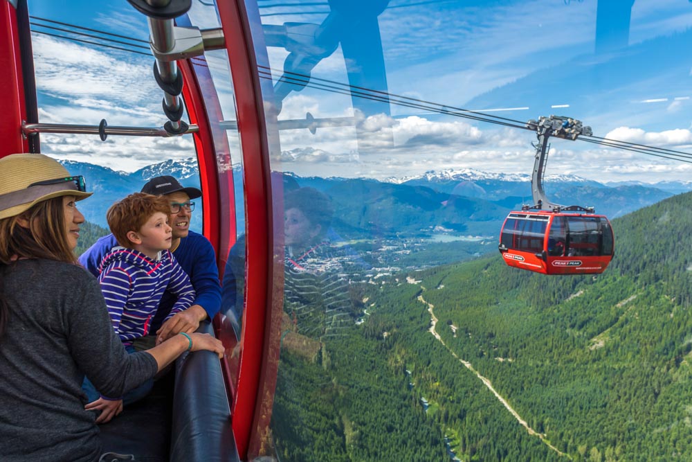 family looking out of a gondola at mountains and another gondola