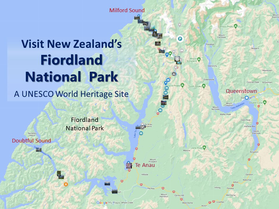 Google map image and link showing sights along the the Milford Road, Milford Sound, and Doubtful Sound areas in Fiordland National Park, part of the Te Wähipounamu - South West New Zealand World Heritage Site by Cindy Carlsson at ExplorationVacation.net