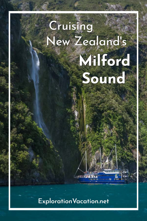 cruise ships under a waterfall with text "Cruising New Zealand's Milford Sound"