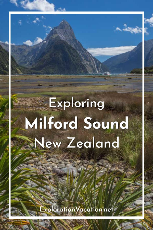 Estuary and mountain with text "Exploring Milford Sound New Zealand"