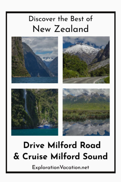 4 images from Milford Road and Milford Sound with text "Discover the best of New Zealand, Drive Milford Road & Cruise Milford Sound"
