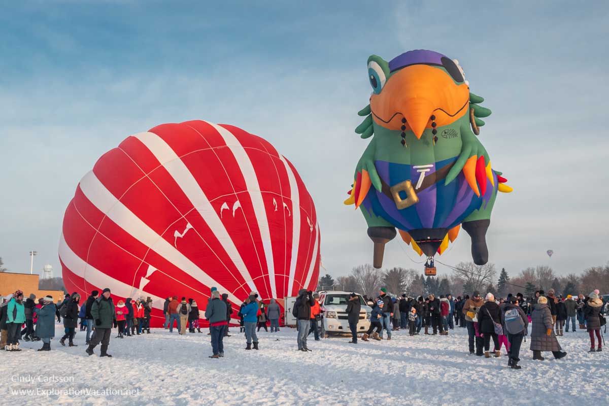 balloon shaped like a parrot floating above a balloon on the ground