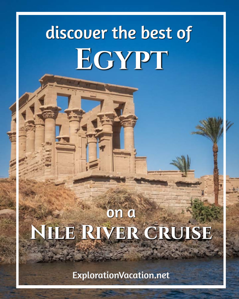 Ancient temple above the Nile with a palm tree and tourists