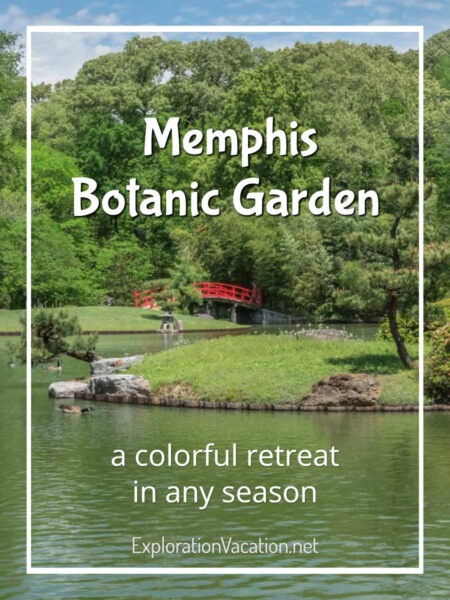Japanese garden and pond with text "Memphis Botanic Garden"