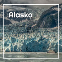 glacier meeting the sea with text "Alaska"