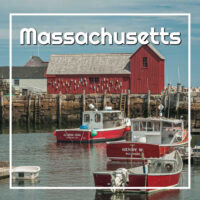 fish shack and boats with text "Massachusetts"
