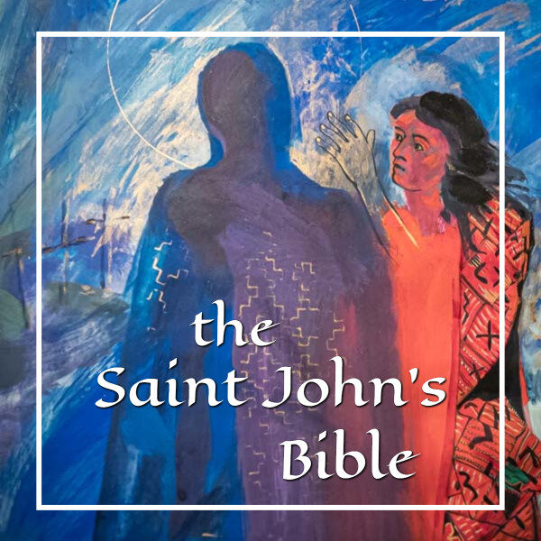 art with the resurrected Jesus and a woman with text "the Saint John's Bible"