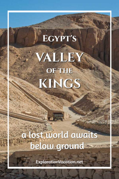 hills with tomb entrances and text "Egypt's Valley of the Kings"