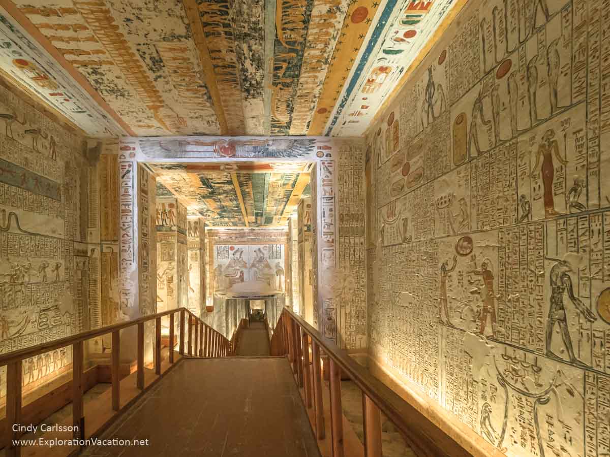 Interior of a tomb with walkway and decorated surfaces