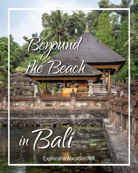 Temple with water and text "Beyond the Beach in Bali"