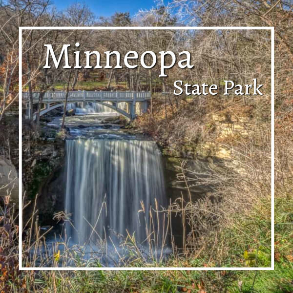 Waterfall with text "Minneopa State Park"