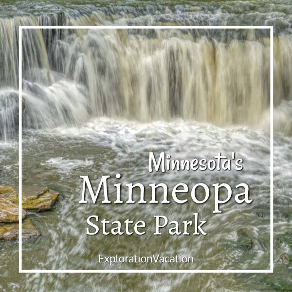 close-up of a waterfall with text "Minnesota's Minneopa State Park"