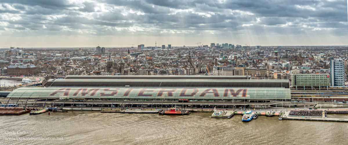 view from above of Amsterdam rail station and city