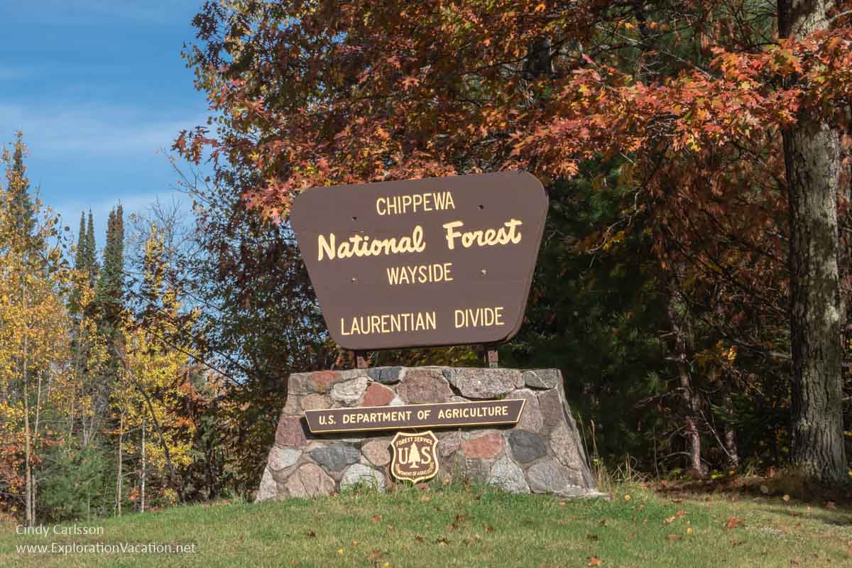 Sign with text "Chippewa National Forest Wayside Laurentian Divide"