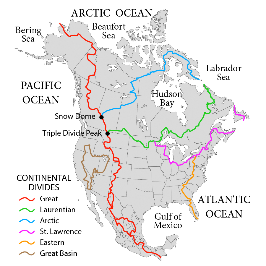 map of North America showing continental divides