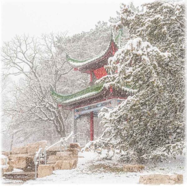 Chinese pavilion with snow