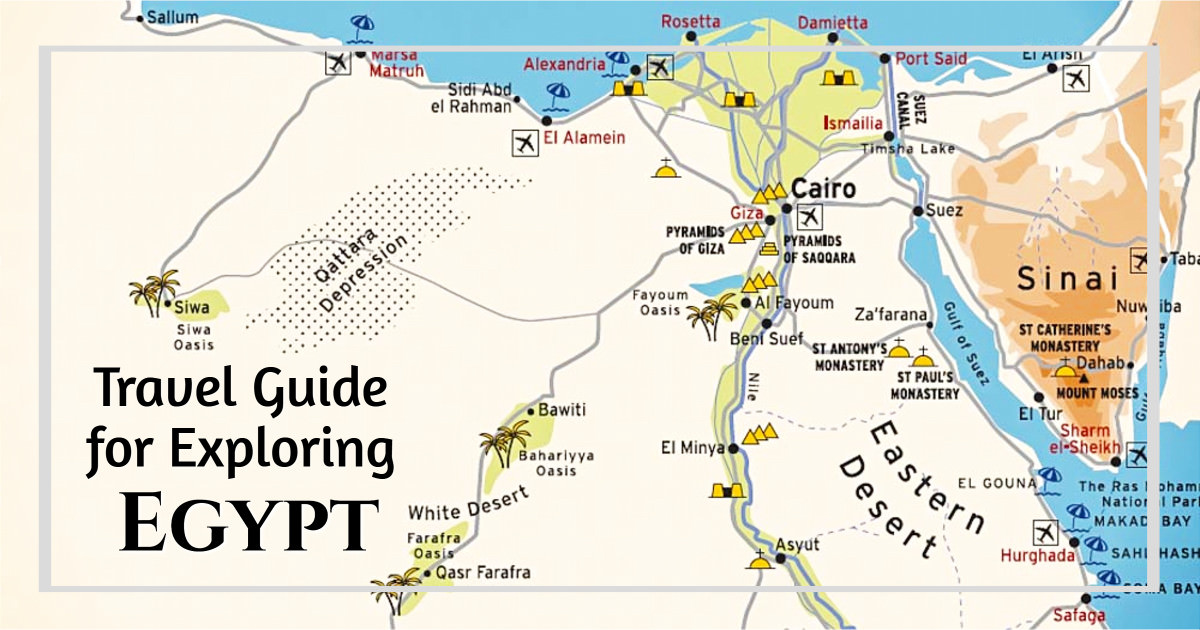 Egypt map with text "Exploration Vacation Travel Guide for Exploring Egypt"