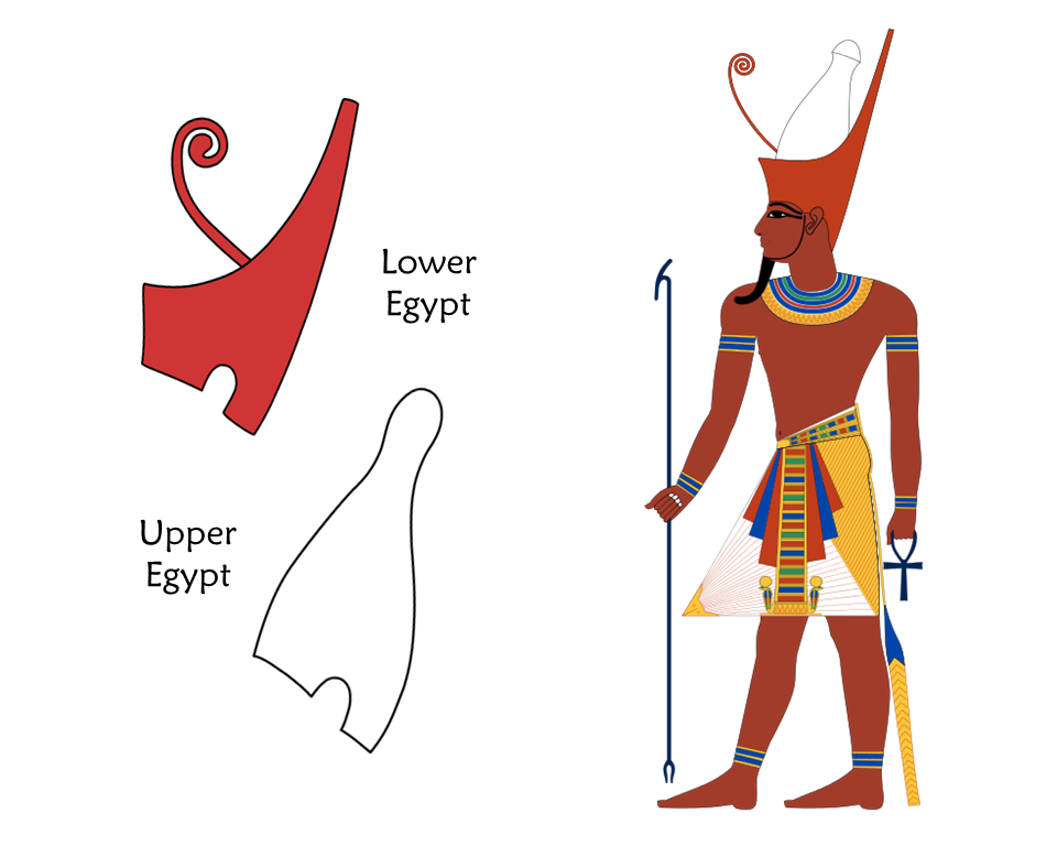 Red and white crowns of ancient Egypt with ruler wearing both 