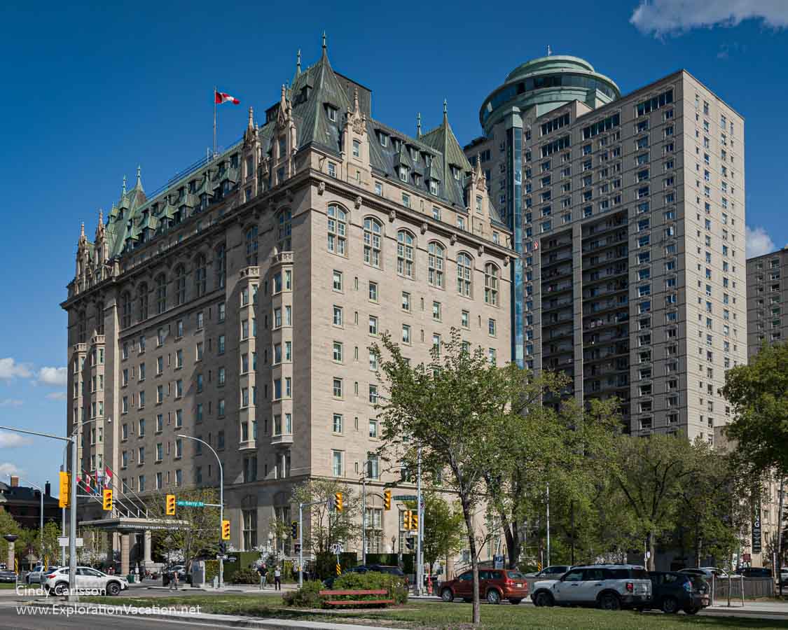 The palatial-looking historic Fort Garry Hotel in Winnipeg, Canada, with the much more recent Fort Garry Place building behind it.