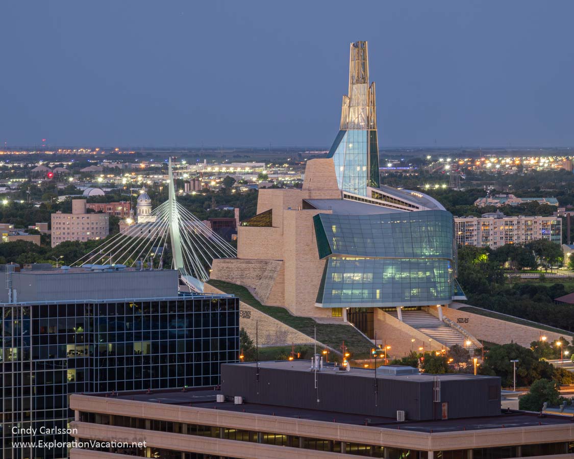 Winnipeg, Canada, at twilight, with the Canadian Museum for Human Rights as the focal point.