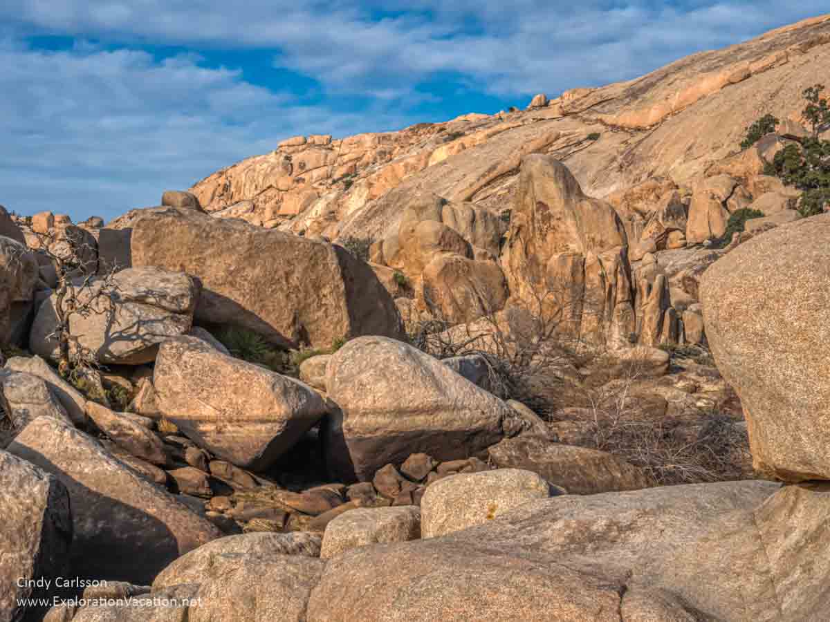 Large rocks and boulders along a desert pond.