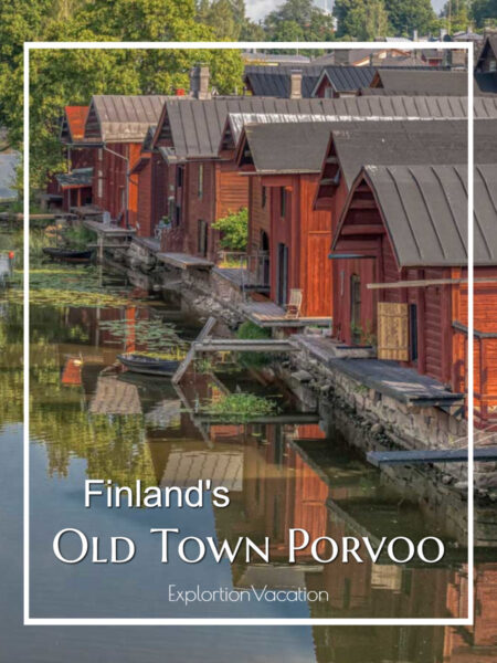 Red buildings along water with text "Finland's Old Town Porvoo"